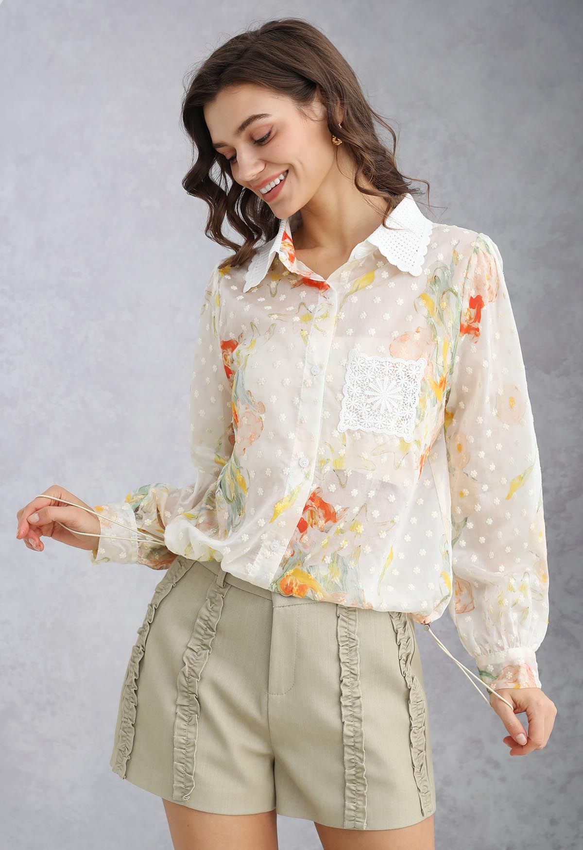 Lace Cutwork Pocket Embroidered Drawstring Shirt in Floral