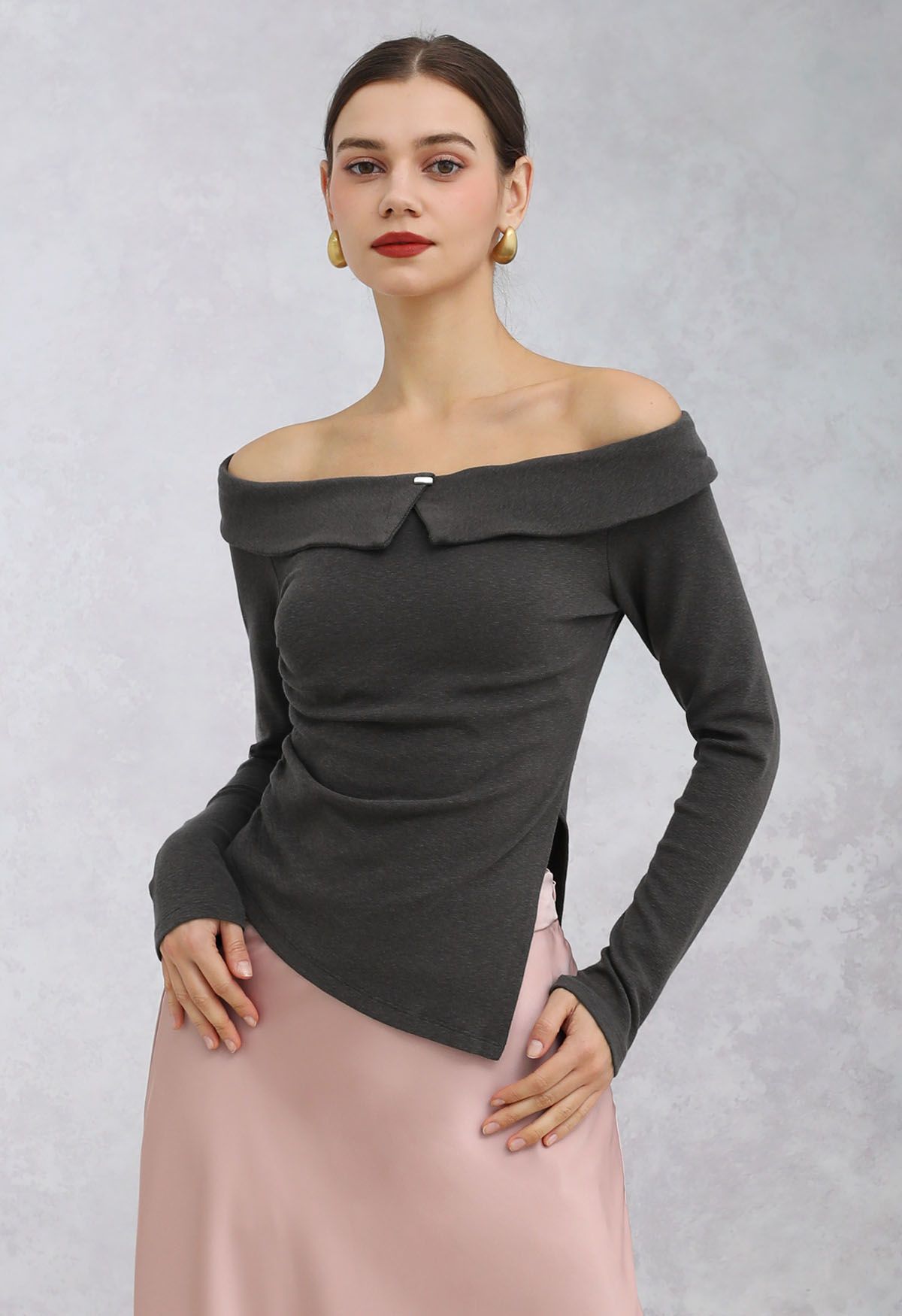 Flap Off-Shoulder Asymmetric Ruched Top in Smoke