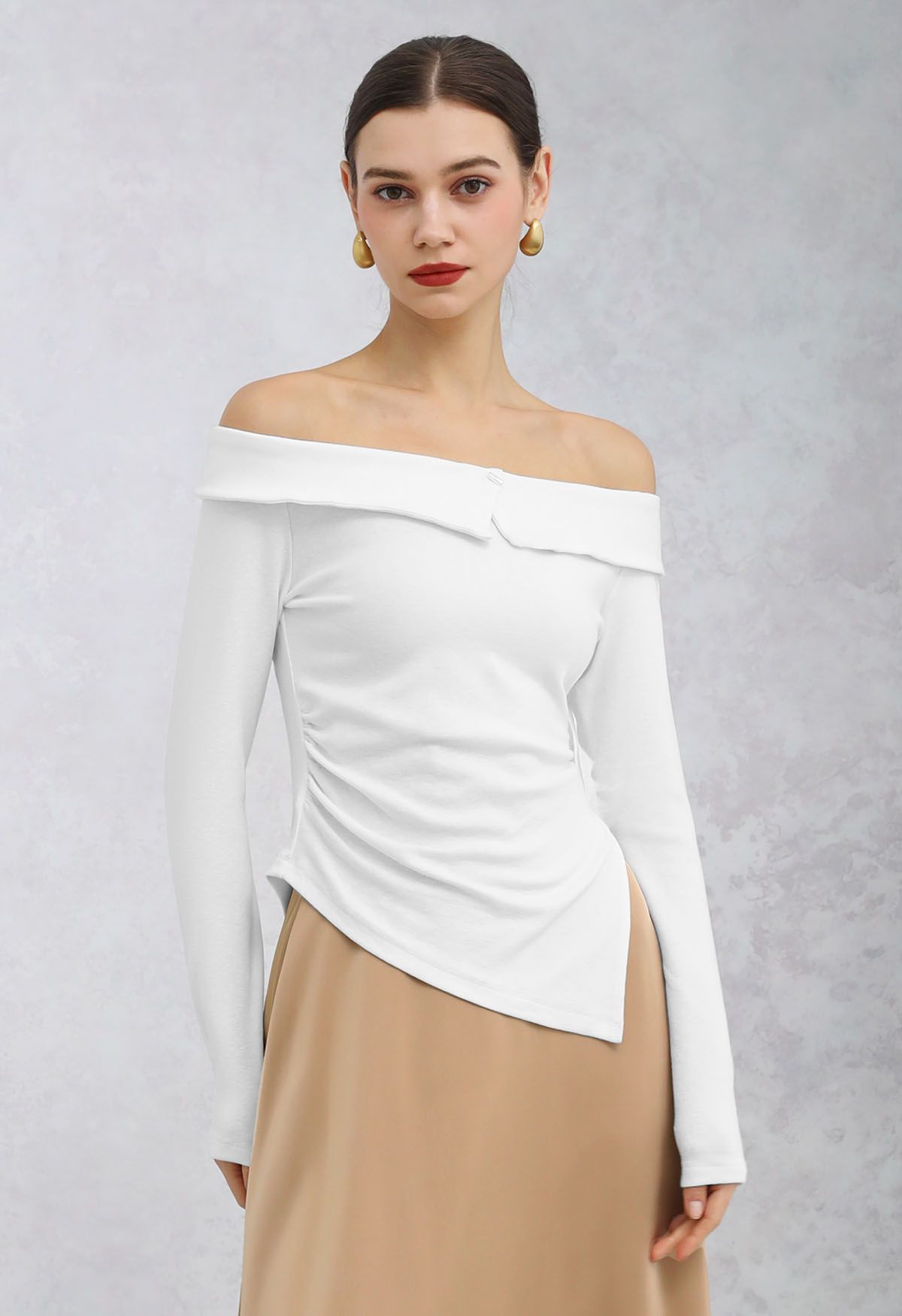 Flap Off-Shoulder Asymmetric Ruched Top in White