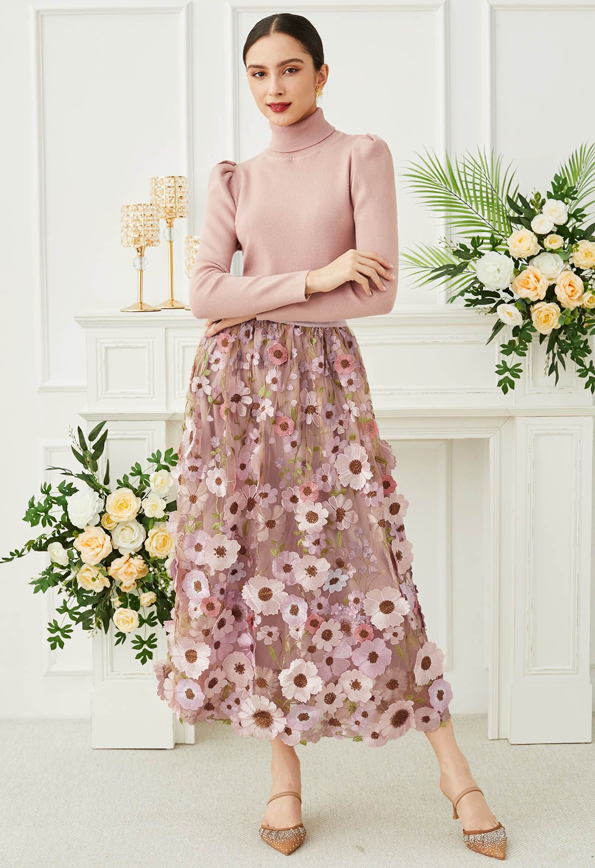 3D Floral Applique Mesh Tulle Maxi Skirt in Dusty Pink