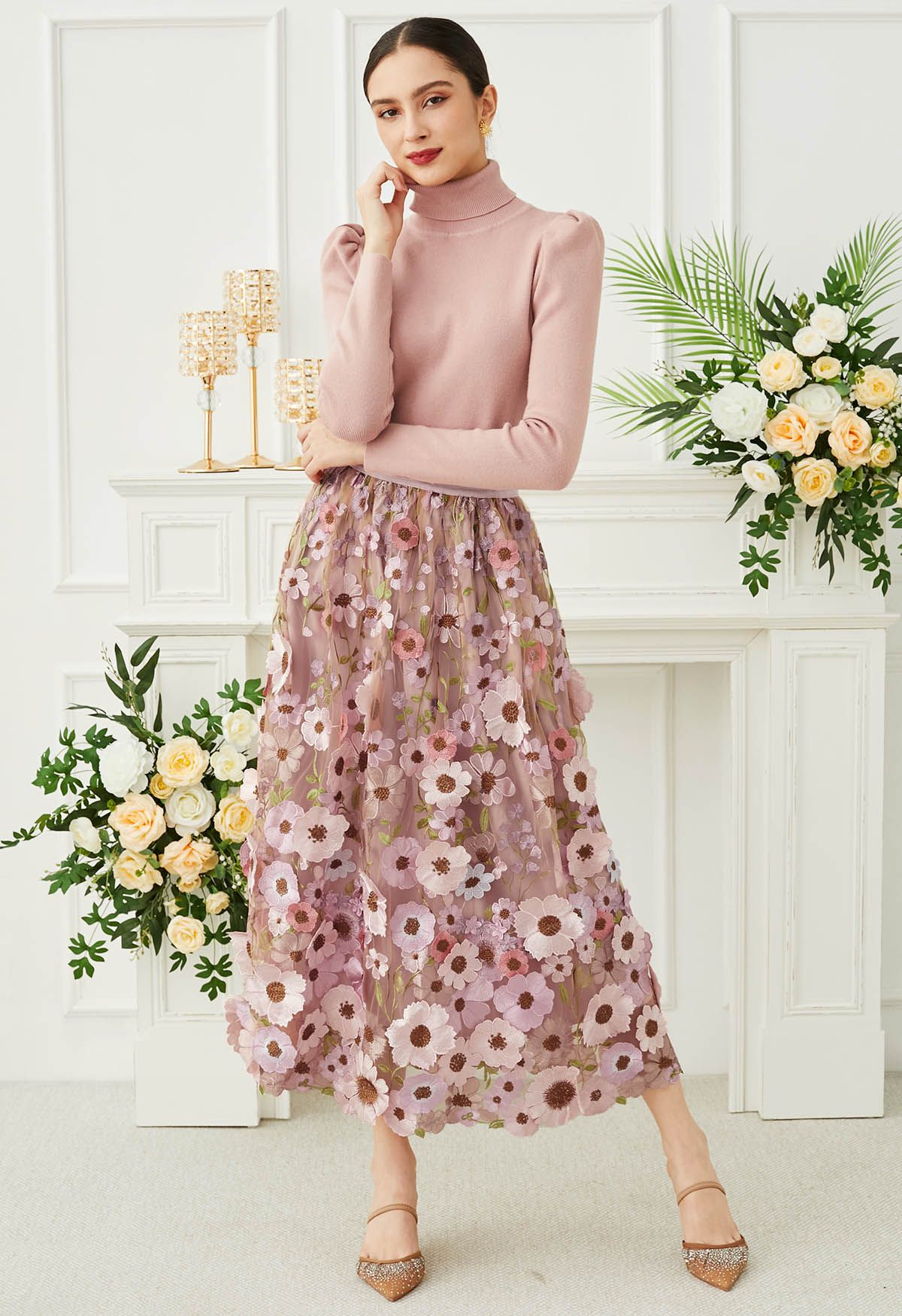 3D Floral Applique Mesh Tulle Maxi Skirt in Dusty Pink