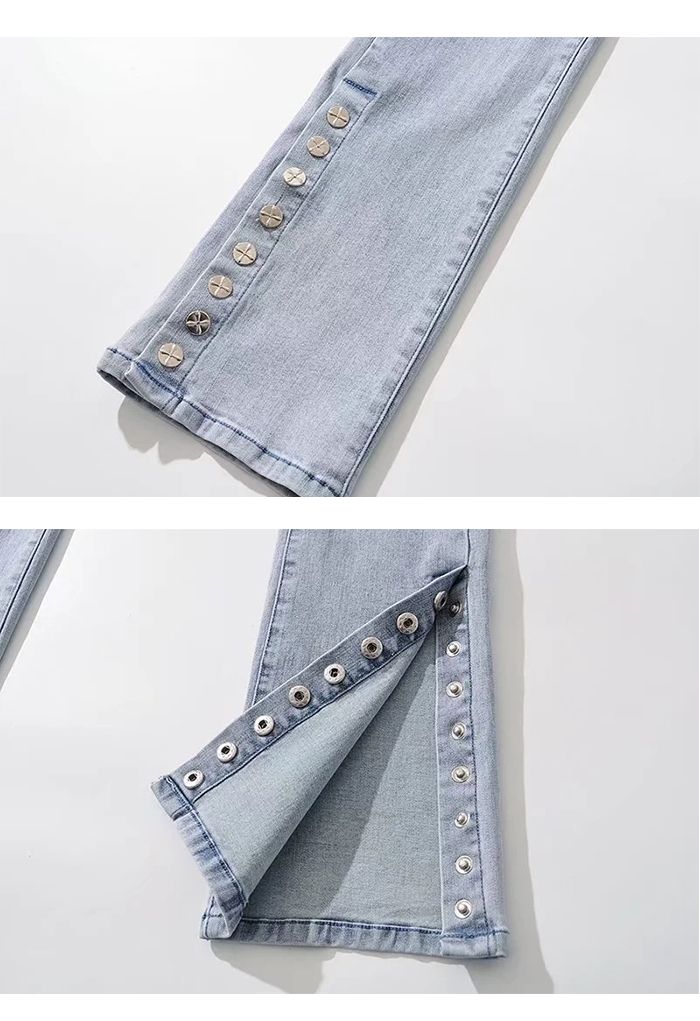 High Waist Button Trim Stretchy Jeans in Light Blue