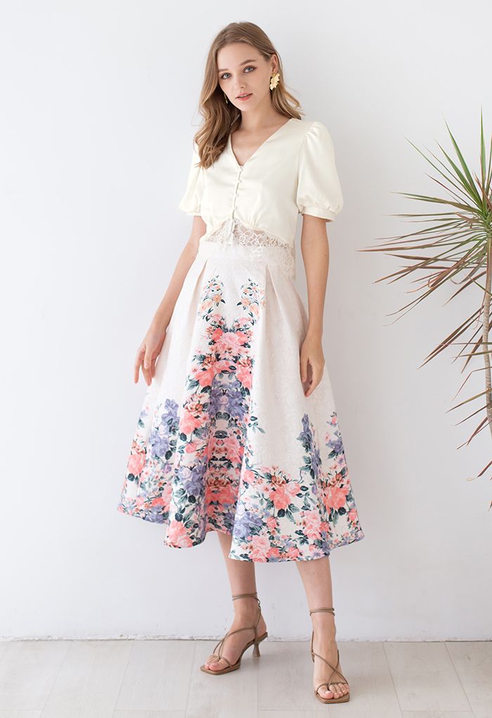 Wall of Blossoms Embossed Pleated Midi Skirt