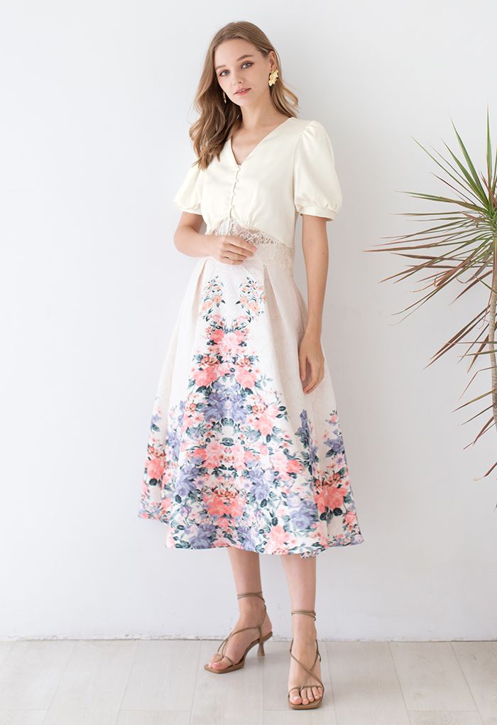 Wall of Blossoms Embossed Pleated Midi Skirt