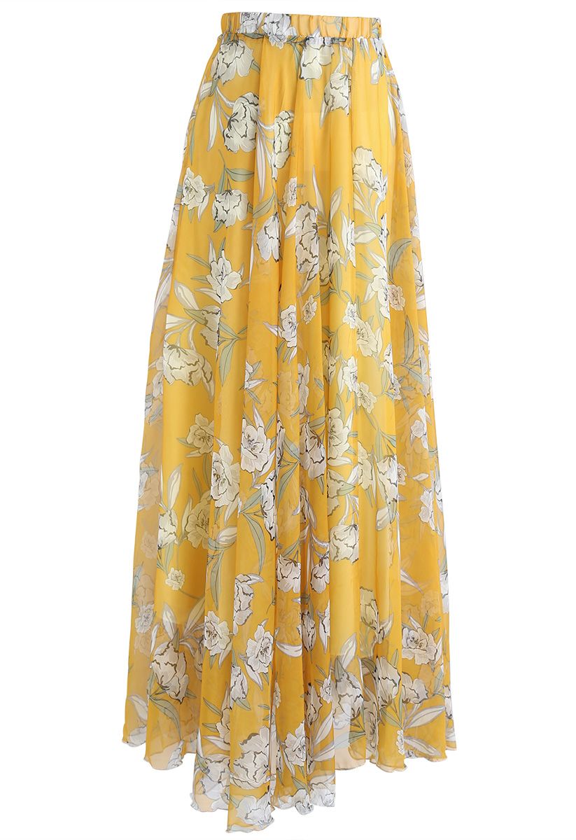 Falda larga de gasa Flower Season en amarillo