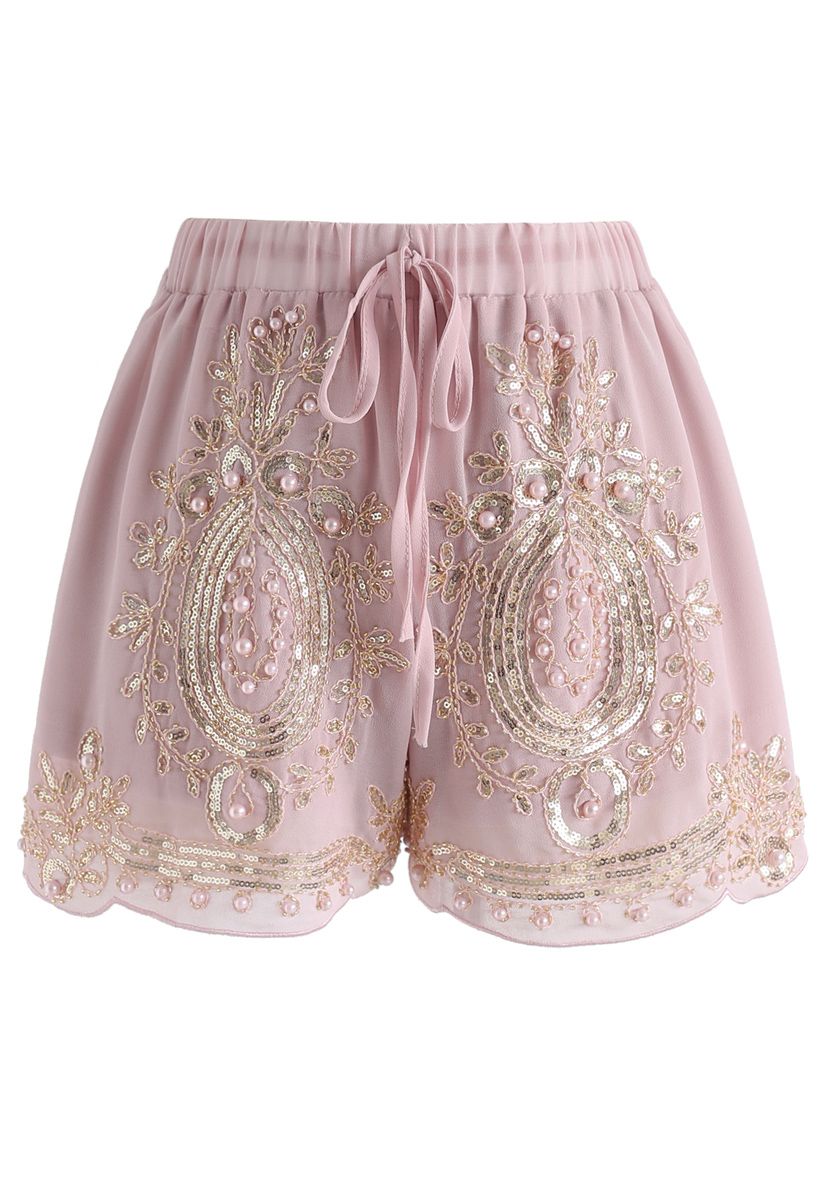 Shorts de gasa con ribete de perlas brillantes en rosa