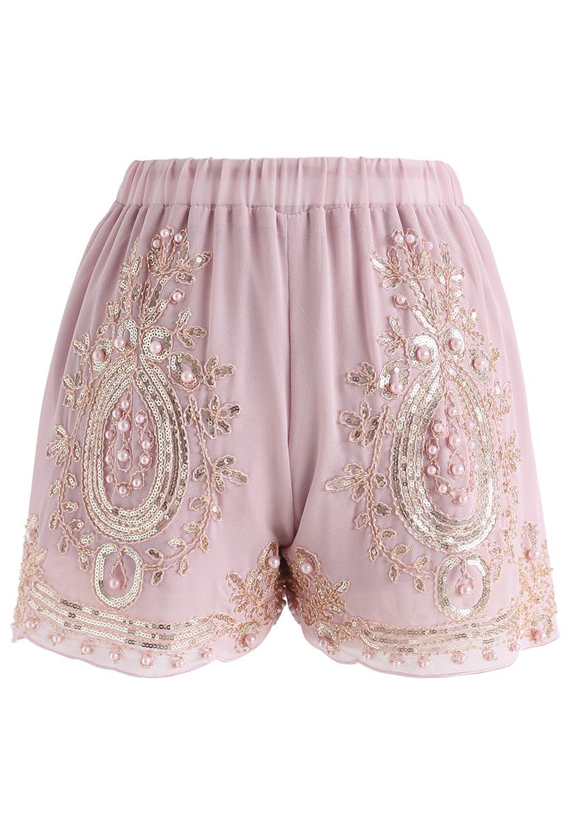 Shorts de gasa con ribete de perlas brillantes en rosa