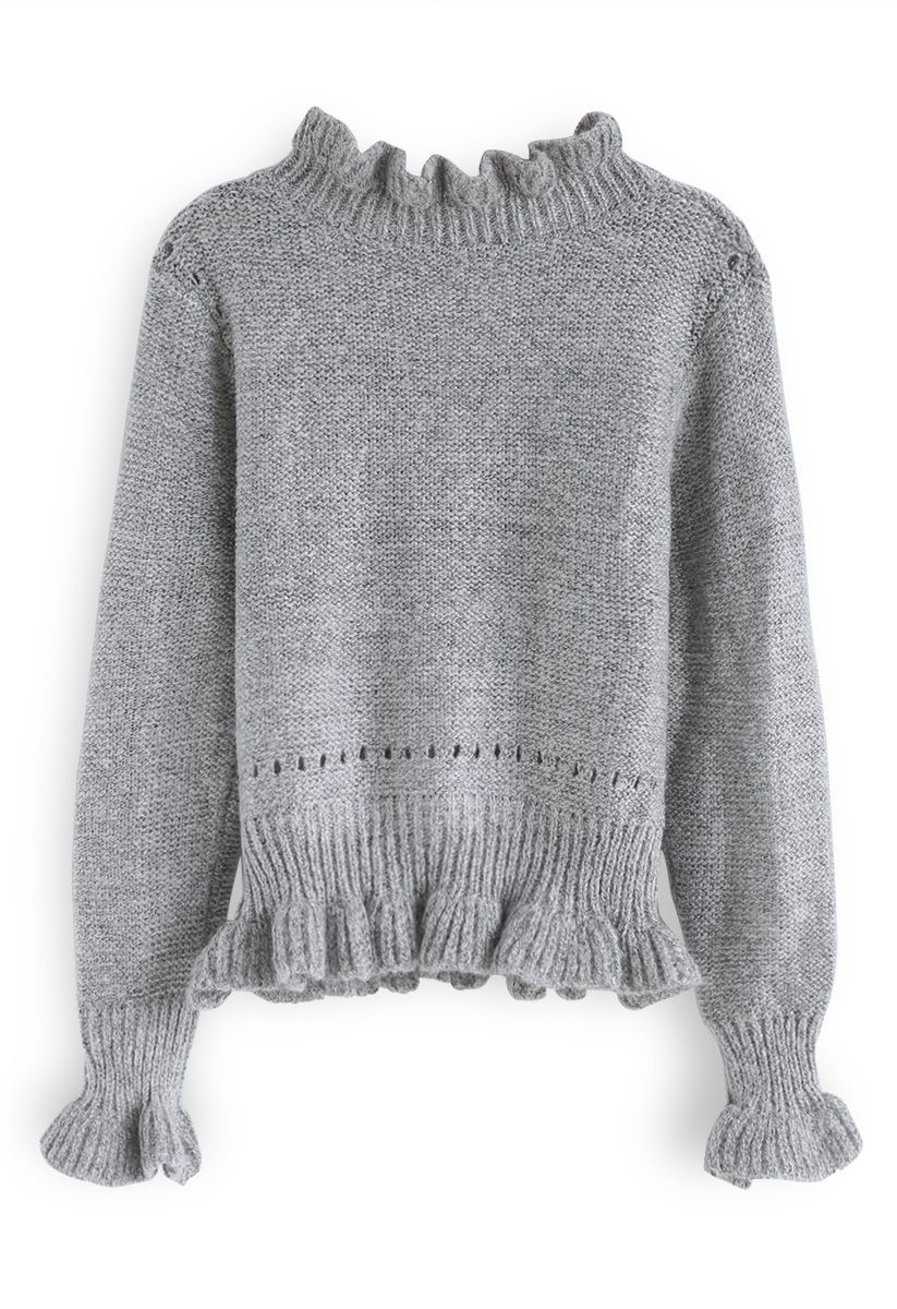 Suéter con volantes y cuello en V de Knit a Chance en gris