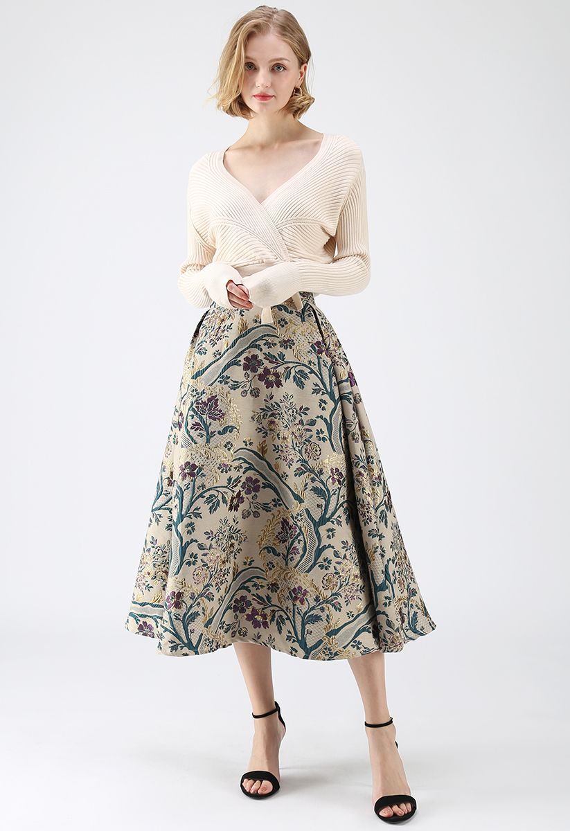 Falda midi con bordado de ramo vintage