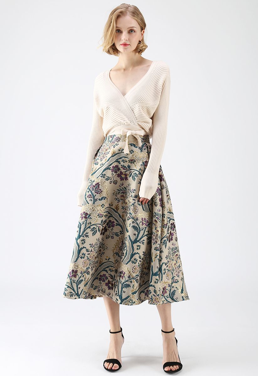 Falda midi con bordado de ramo vintage