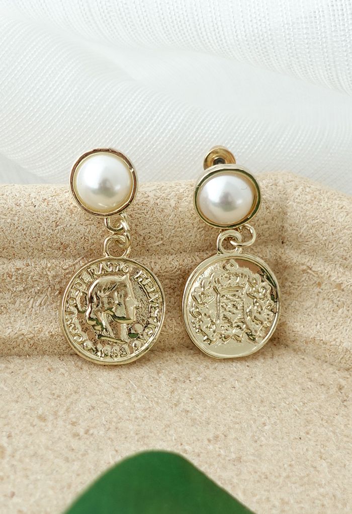 Vintage Gold Coin Pearl Drop Eearrings