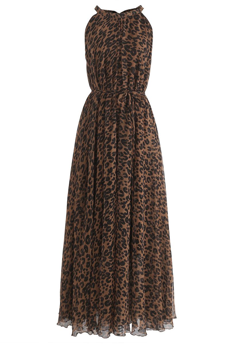Leopard Watercolor Maxi Slip Dress in Brown