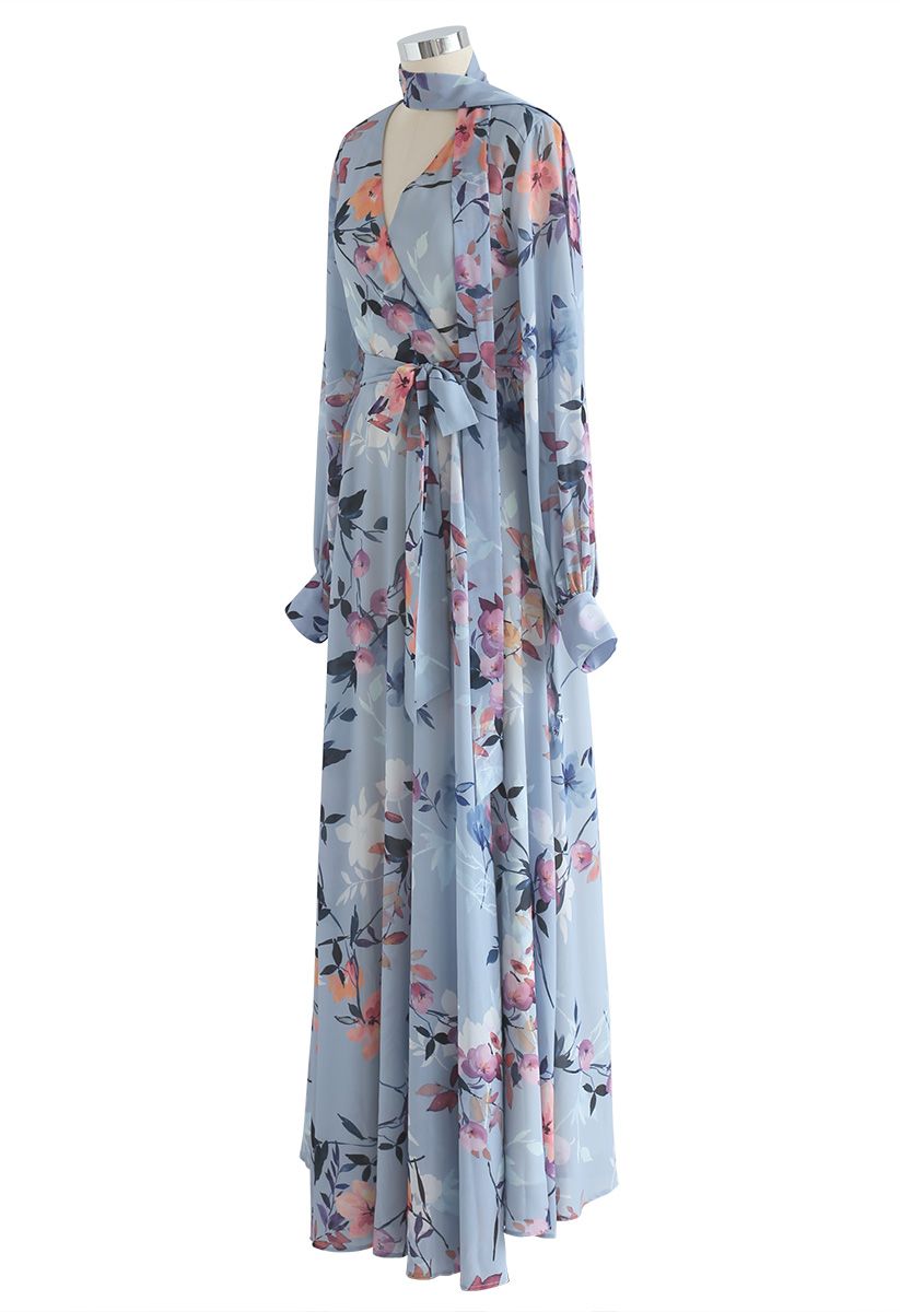 Floral Endearment Chiffon Maxi Dress in Blue