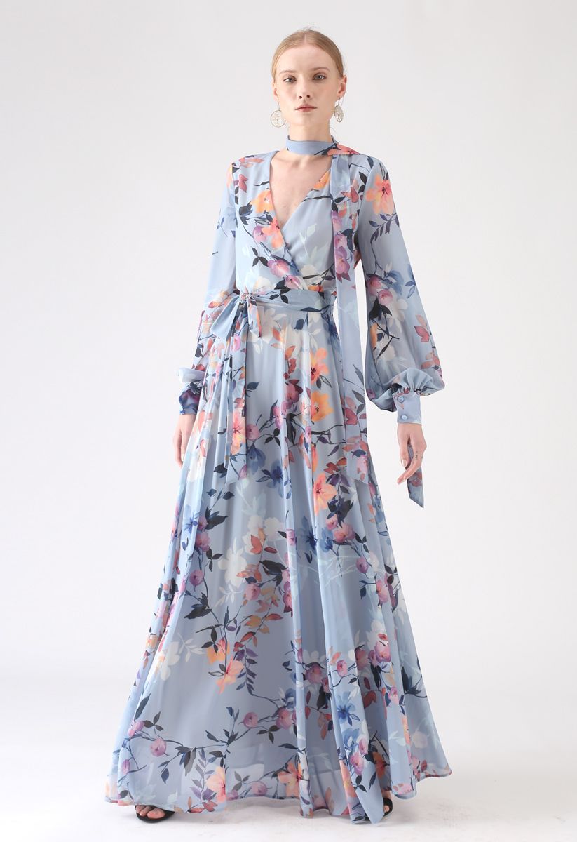 Floral Endearment Chiffon Maxi Dress in Blue