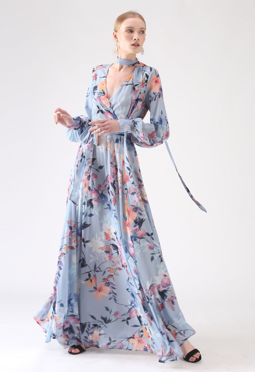 Floral Endearment Chiffon Maxi Dress in Blue