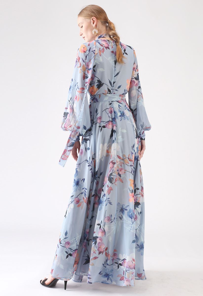 Floral Endearment Chiffon Maxi Dress in Blue