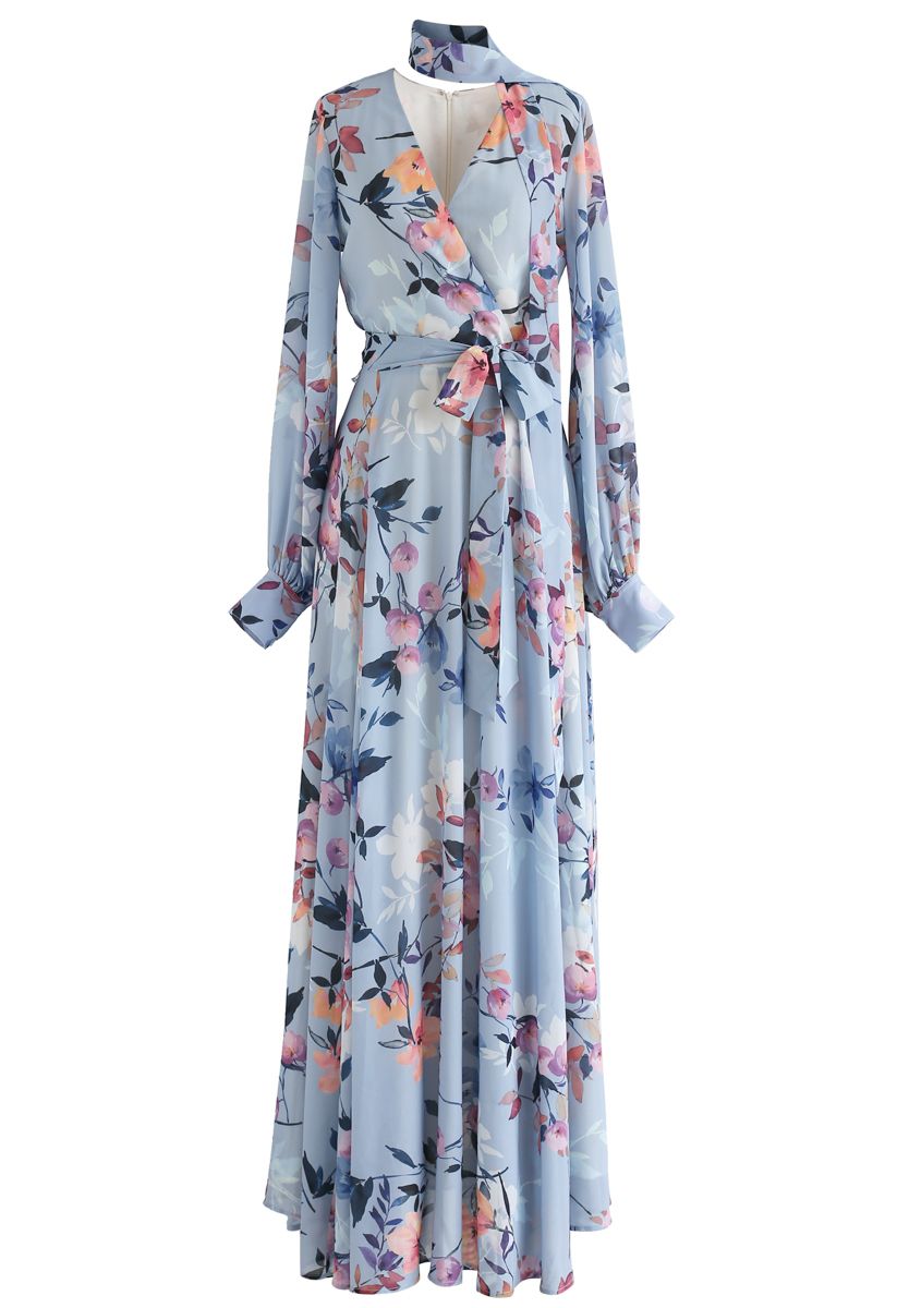 Floral Endearment Chiffon Maxi Dress in Blue