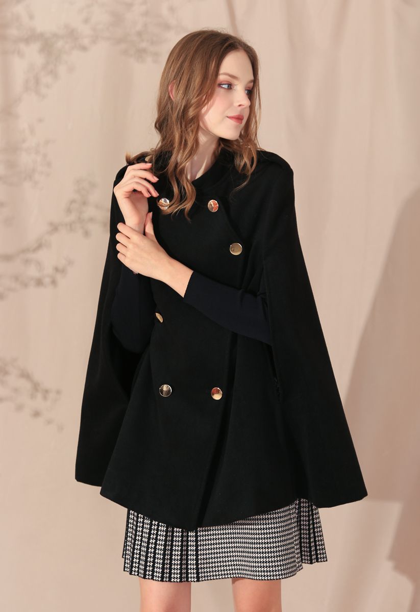 Double-Breasted Cape Coat in Black