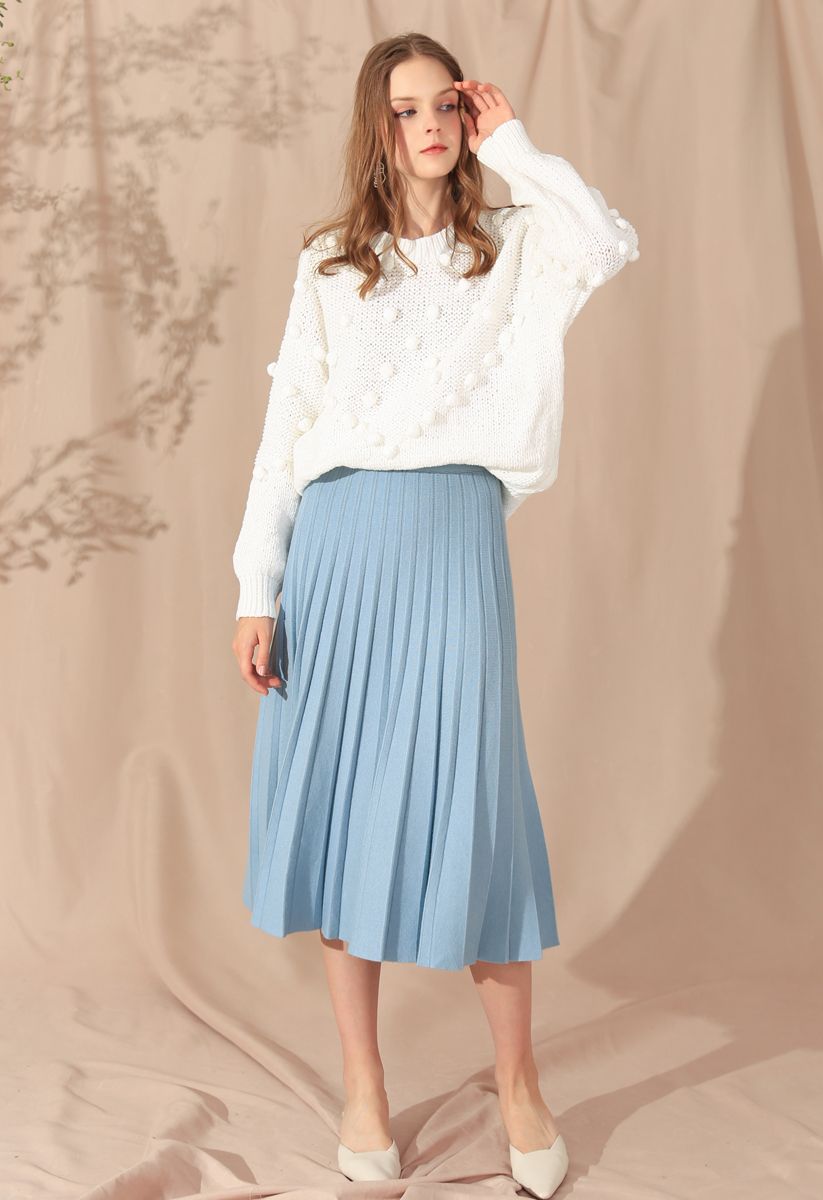 A-Line Pleated Knit Midi Skirt in Blue