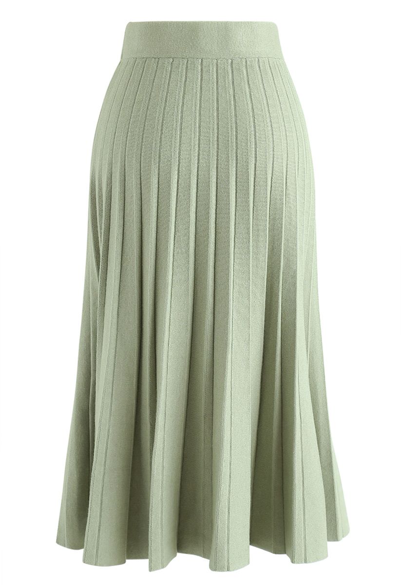 A-Line Pleated Knit Midi Skirt in Pea Green