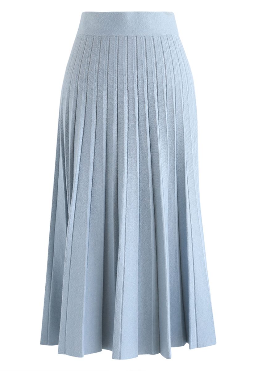 A-Line Pleated Knit Midi Skirt in Blue