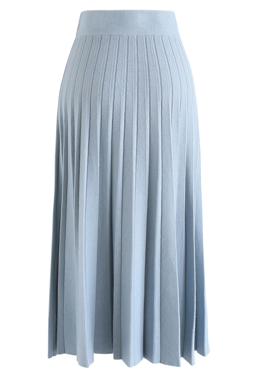 A-Line Pleated Knit Midi Skirt in Blue