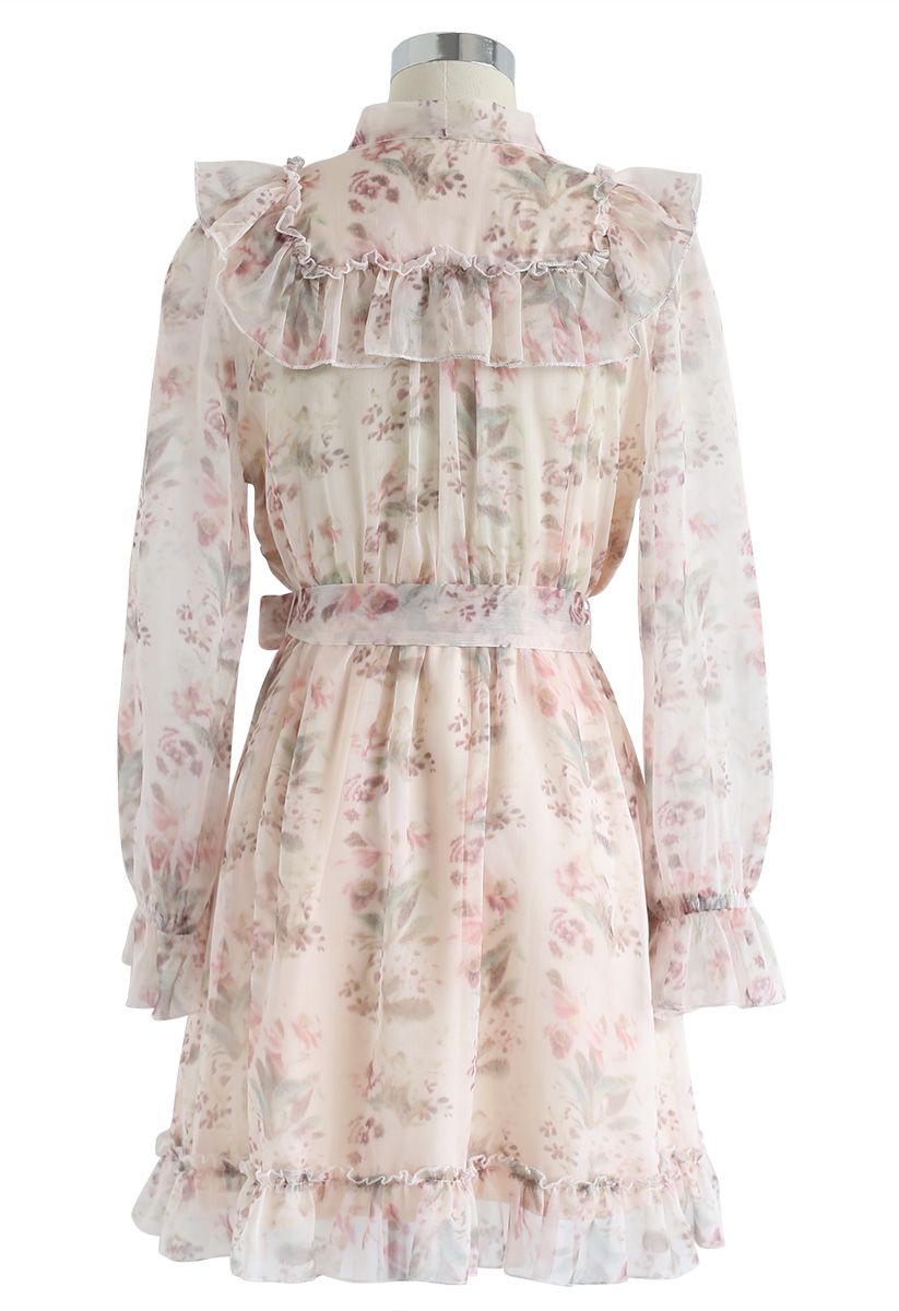 Floral Watercolor Bowknot Ruffle Dress 