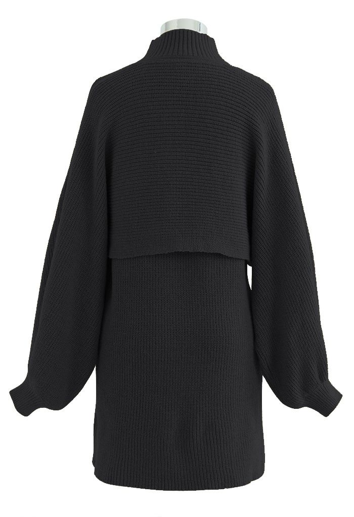 Mock Neck Crop Sweater and Sleeveless Knit Dress Set in Black