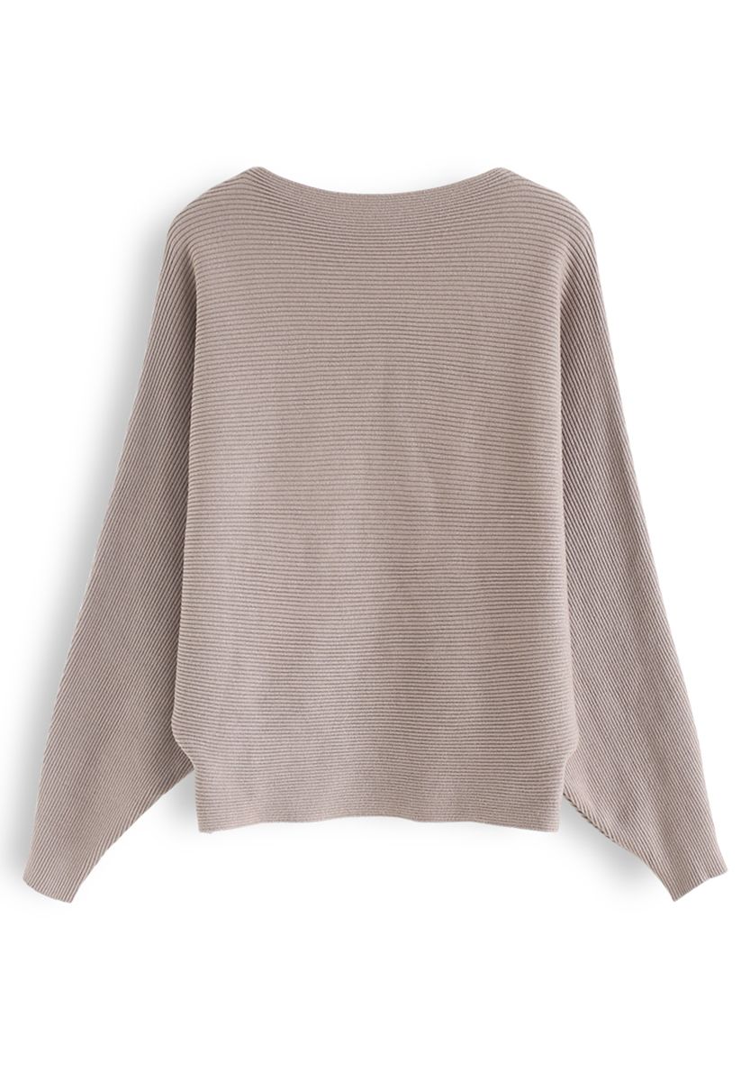 Boat Neck Batwing Sleeves Knit Top in Taupe