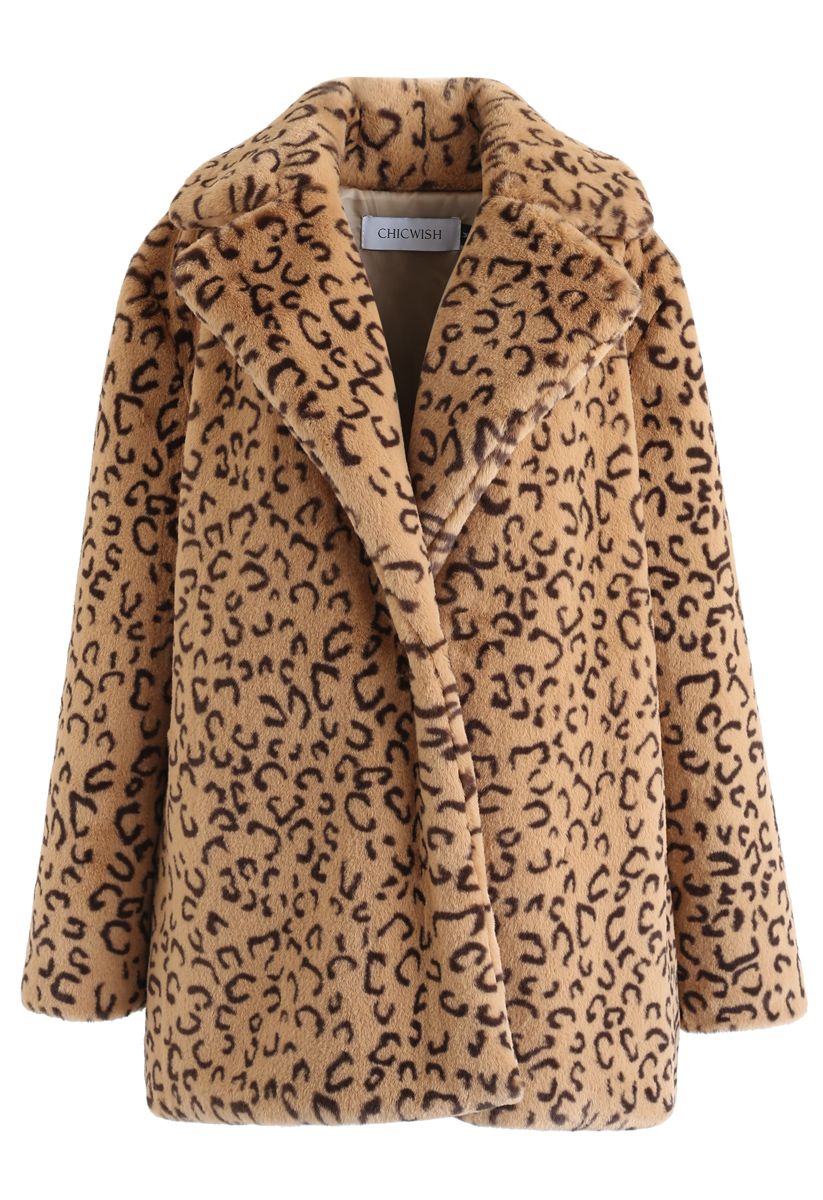 Collared Leopard Faux Fur Coat in Tan