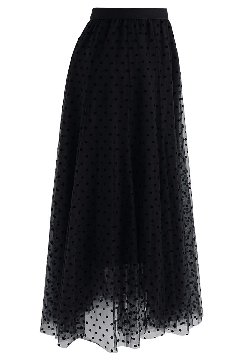 Full Polka Dots Double-Layered Mesh Tulle Skirt in Black