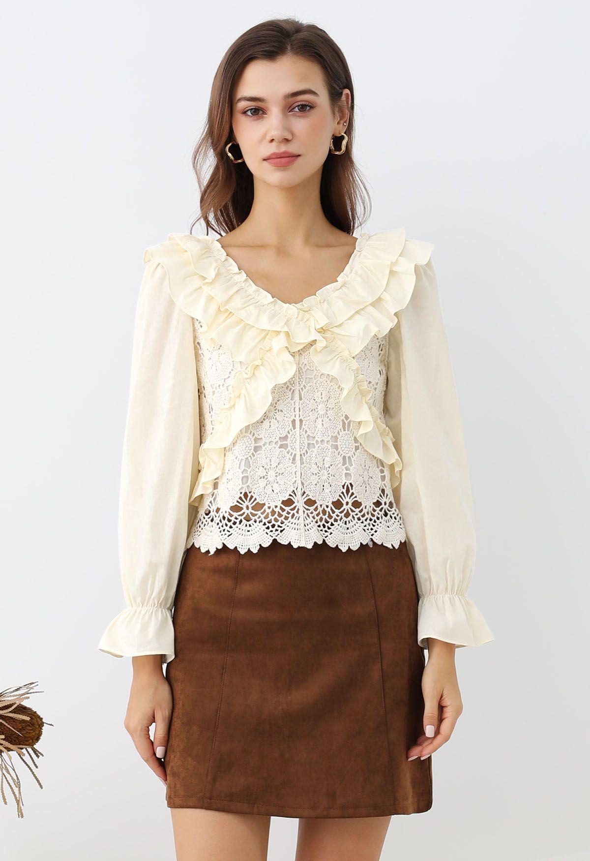 Tiered Ruffle Floral Crochet Cutwork Crop Top