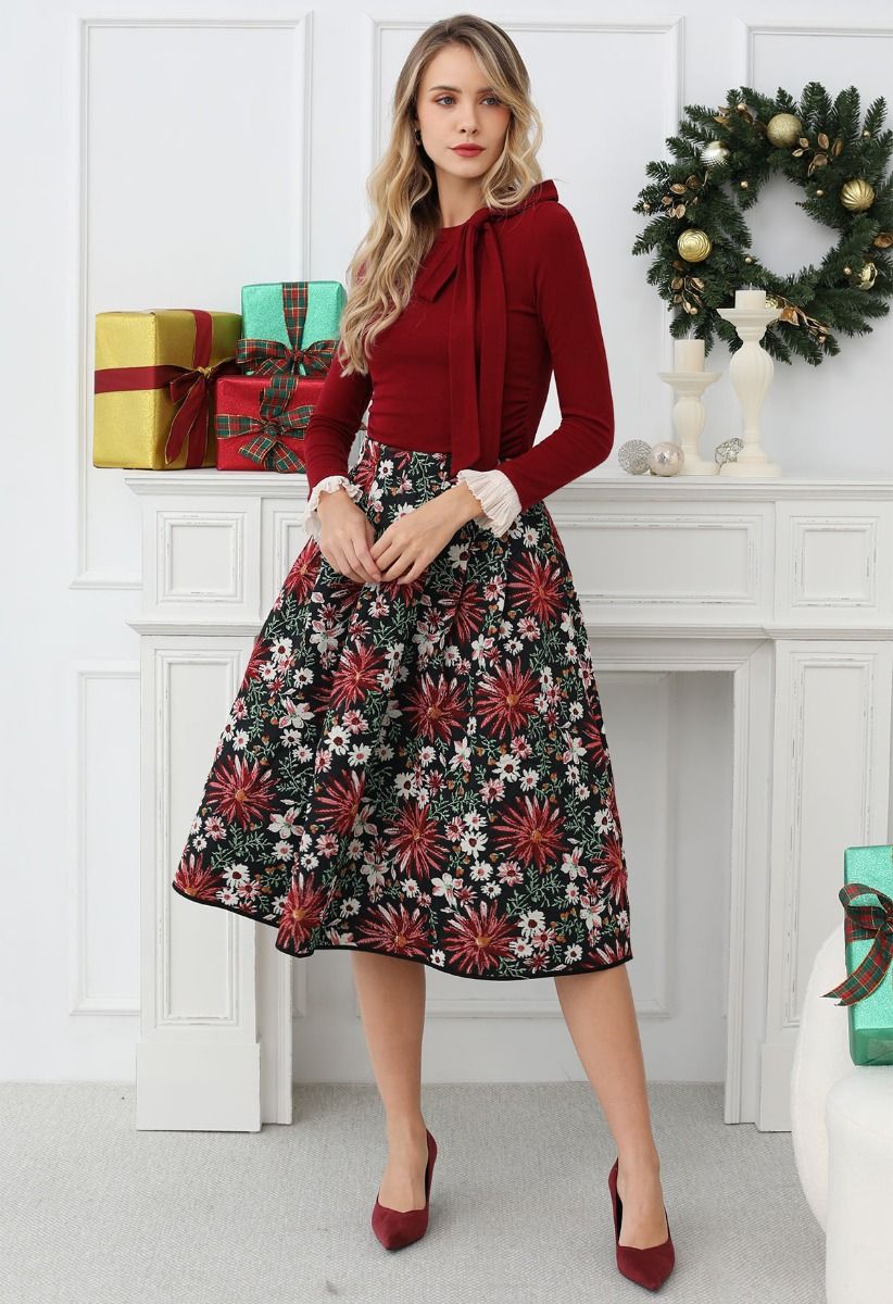 Daisy Garden Side Pocket A-Line Midi Skirt