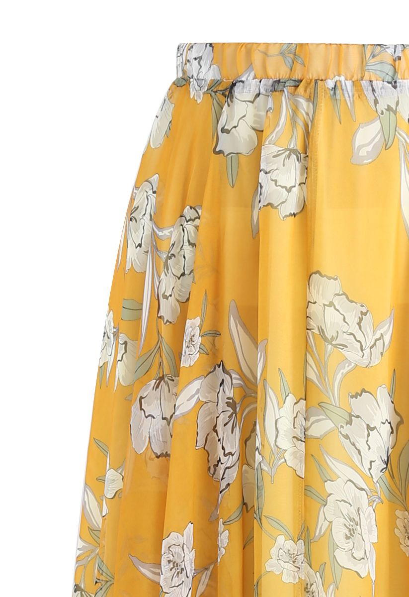 Falda larga de gasa Flower Season en amarillo