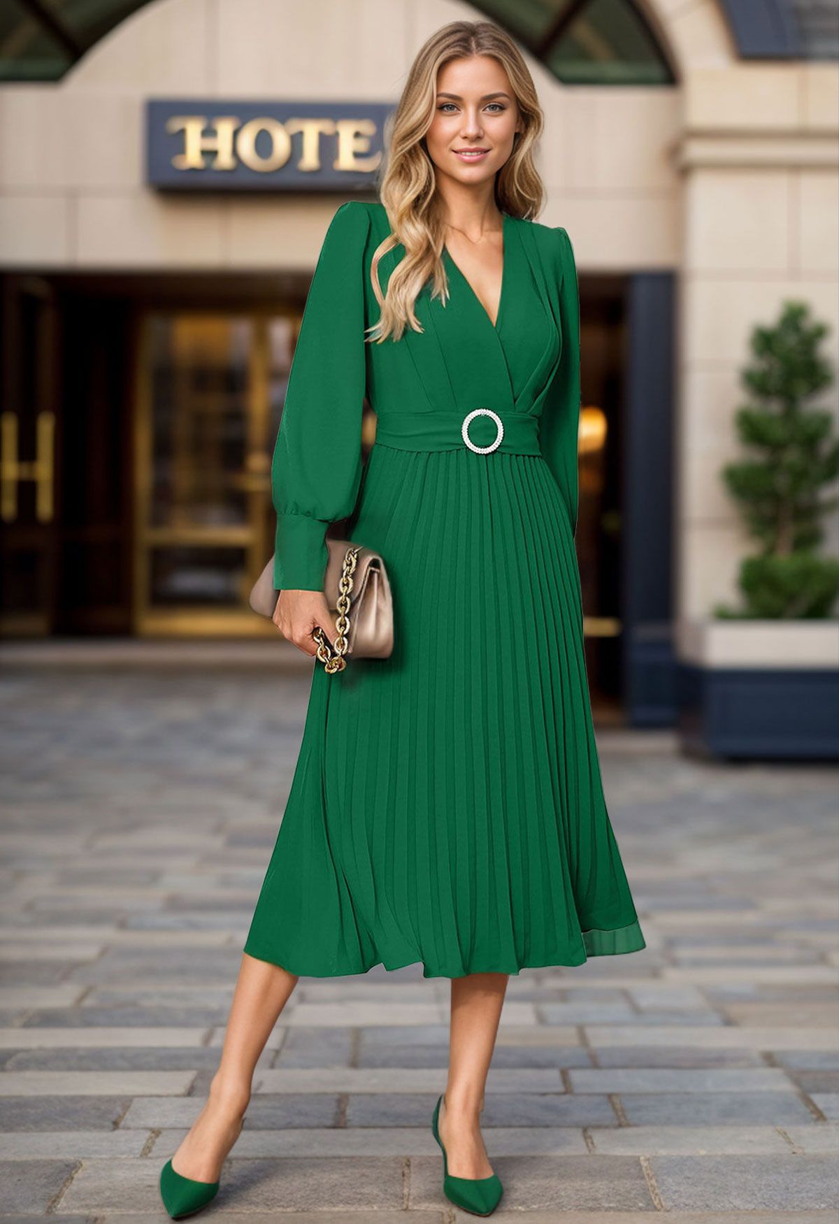 Graceful Pleats Faux-Wrap Belted Midi Dress in Green