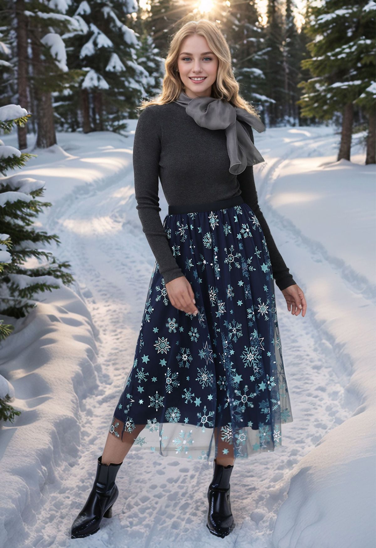 Glitter Star Snowflake Mesh Tulle Midi Skirt