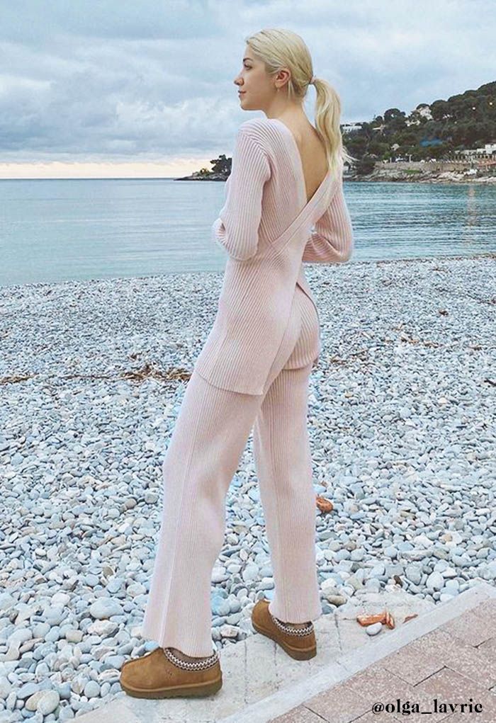 Cross Wrap Rib Knit Longline Sweater and Pants Set in Pink