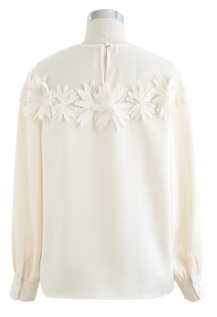 Floral Crochet Spliced Satin Shirt in Cream