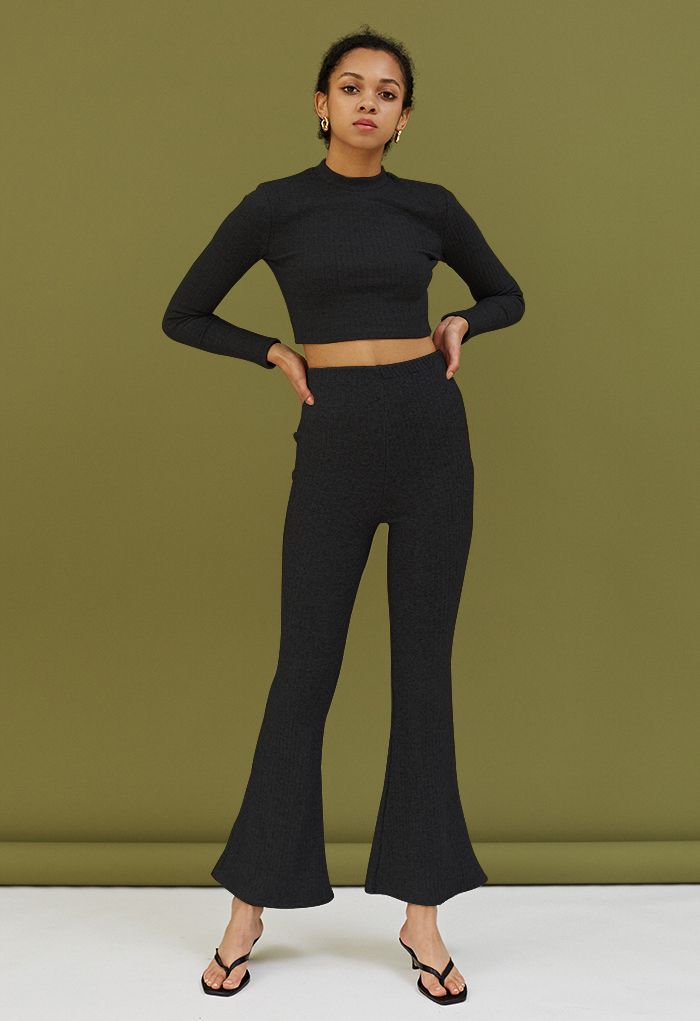 Trendy Soft Crop Top and Flare Pants Set in Black