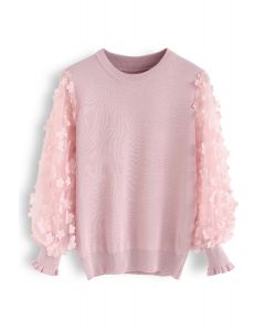 3D Flower Mesh Sleeves Knit Top in Pink