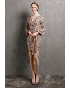 Shimmer Sequin Ruffle Wrap Dress in Champagne