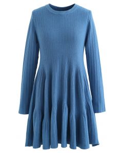 Frilling Hem Round Neck Knit Dress in Blue