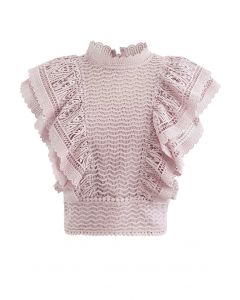 Tiered Ruffle Crochet Mock Neck Sleeveless Top in Pink