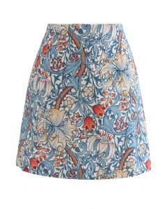 Tulip Print Embossed Bud Skirt in Blue
