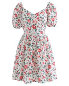Red Rose Blossom Watercolor Tie Back Dress