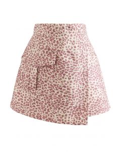 Shimmer Leopard Asymmetric Mini Skirt in Pink