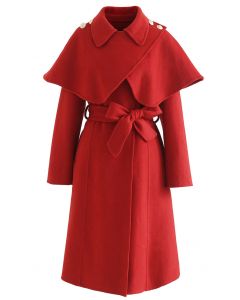 Wool-Blend Longline Coat with Cape Shoulder in Red