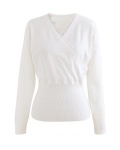 Lacy Edge Wrap Knit Top in White