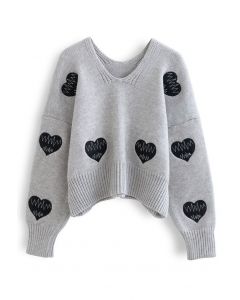 Heartbeat Patch V-Neck Knit Sweater in Grey