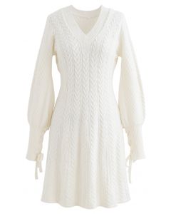 Lace Up Sleeves V-Neck Braid Knit Dress in Ivory